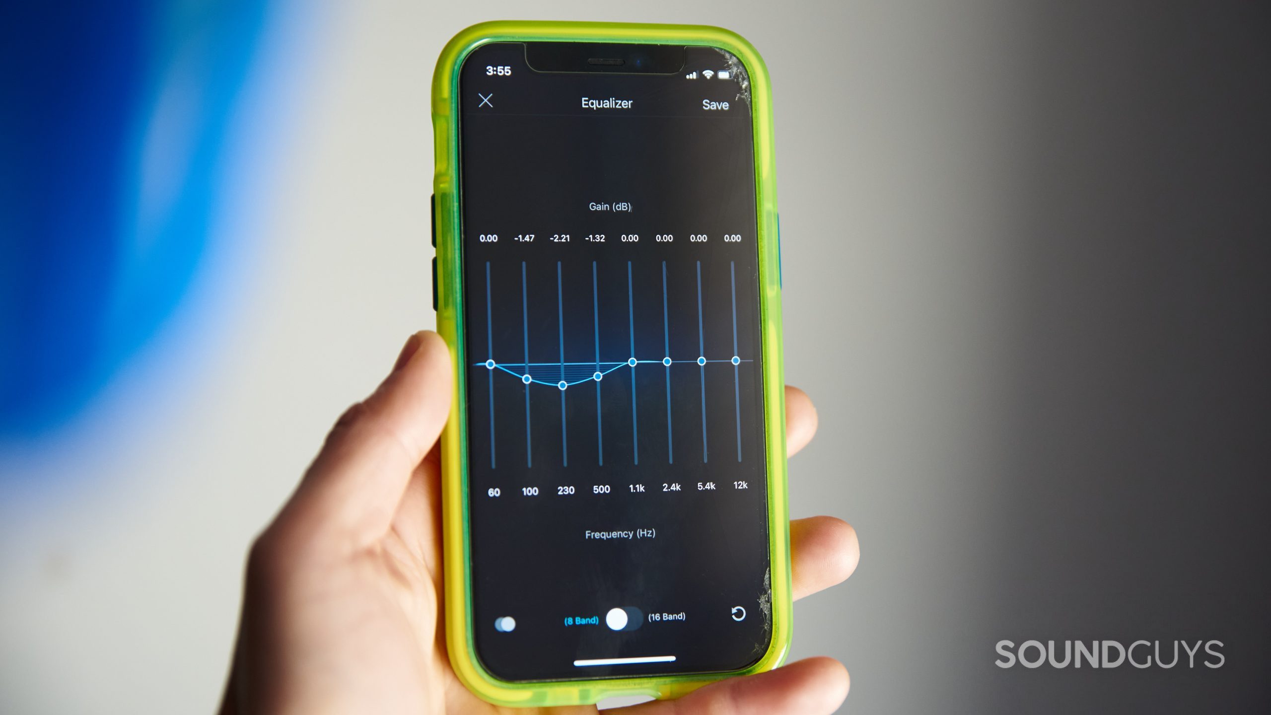 The 8-band EQ on an iPhone with the Boom EQ app open.