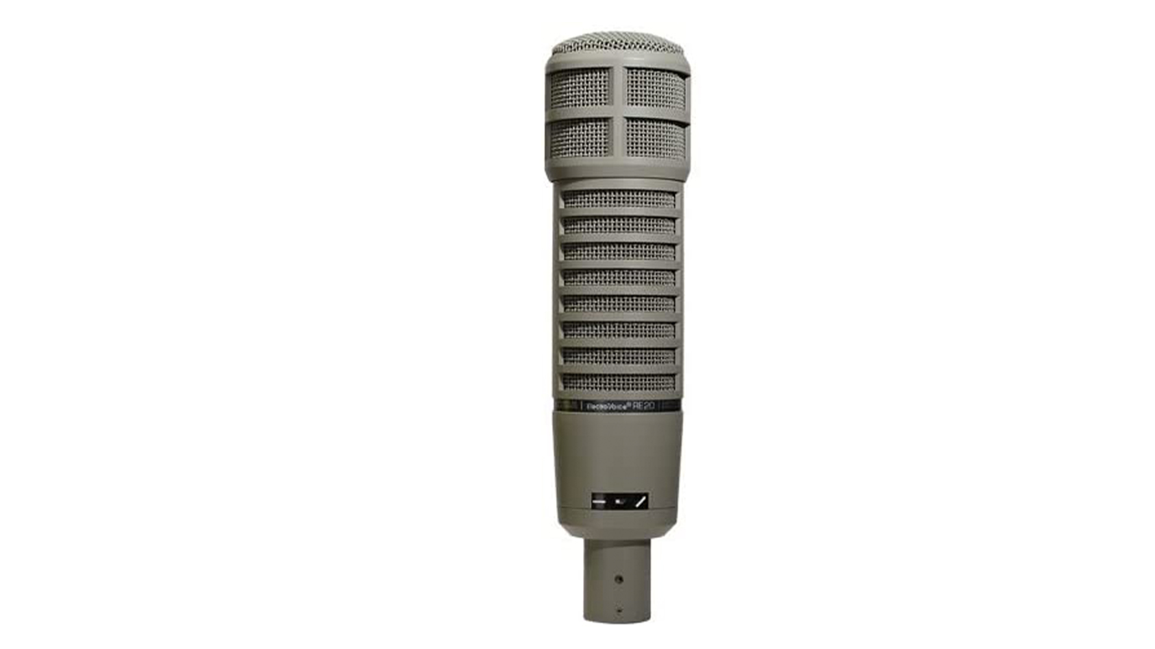 A product image of the Electrovoice RE20 microphone in beige against a white background.