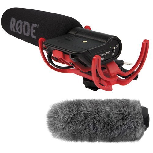 Rode VideoMic product image with dead cat wind shield.