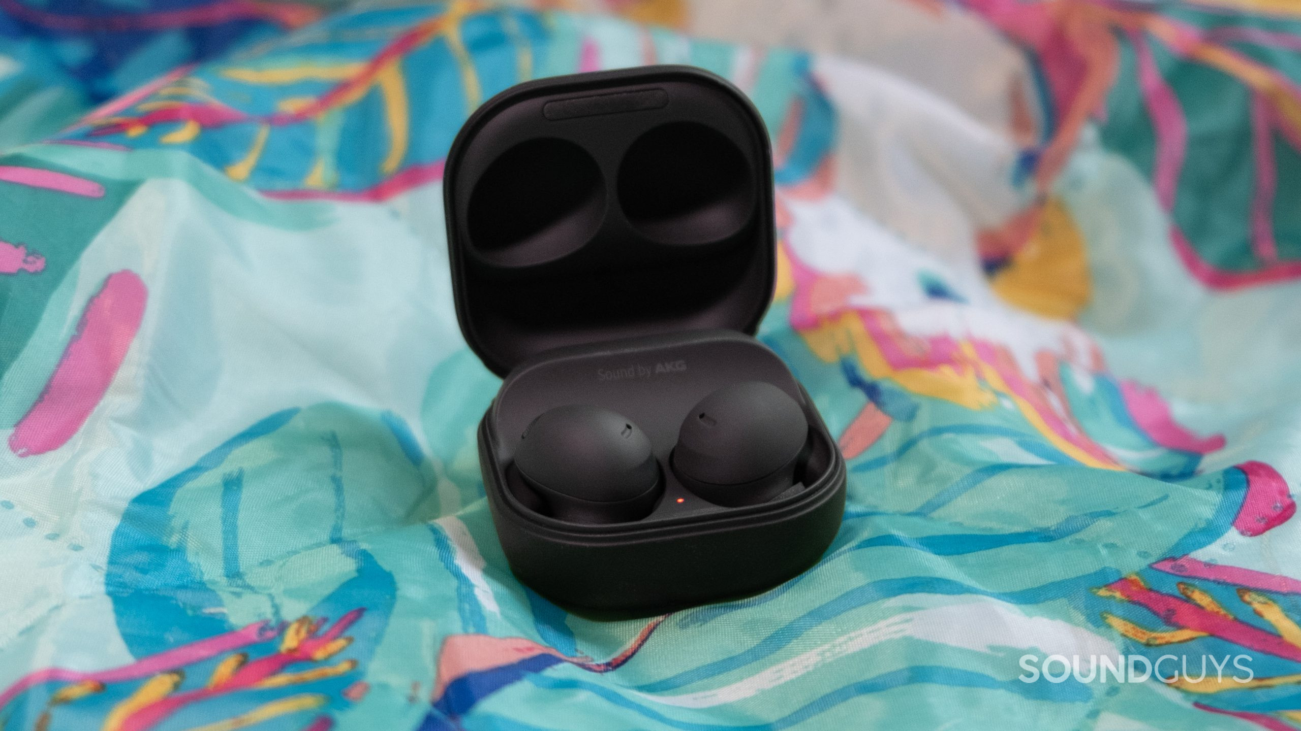 On a tropical themed outdoor blanket the open case of the Samsung Galaxy Buds 2 Pro rests with the lid open.