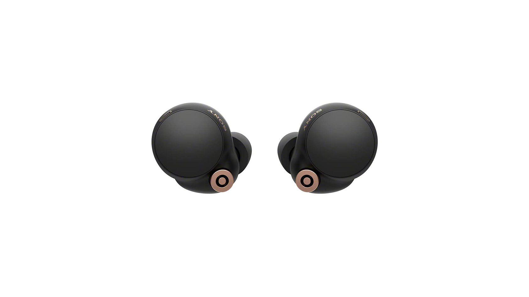 The Sony WF-1000XM4 noise-canceling true wireless earbuds in black against a white background.